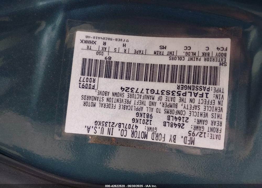 1996 FORD TAURUS LX VIN: 1FALP53S3TG177324