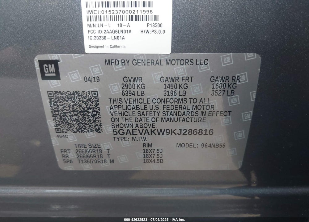 2019 BUICK ENCLAVE AWD ESSENCE VIN: 5GAEVAKW9KJ286816