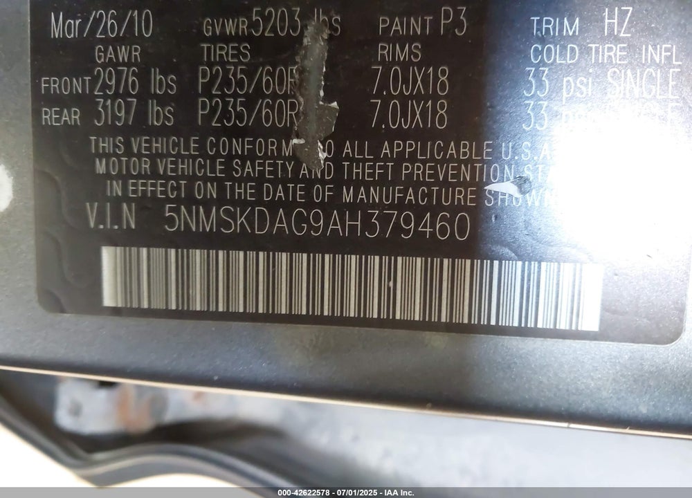2010 HYUNDAI SANTA FE VIN: 5NMSKDAG9AH379460