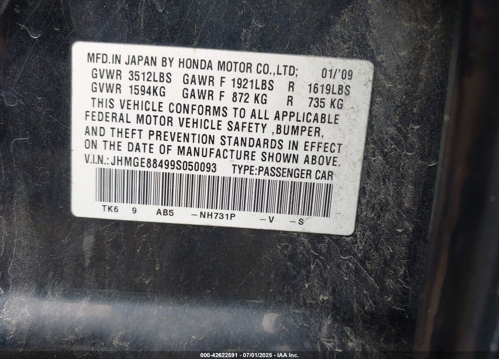2009 HONDA FIT SPORT VIN: JHMGE88499S050093