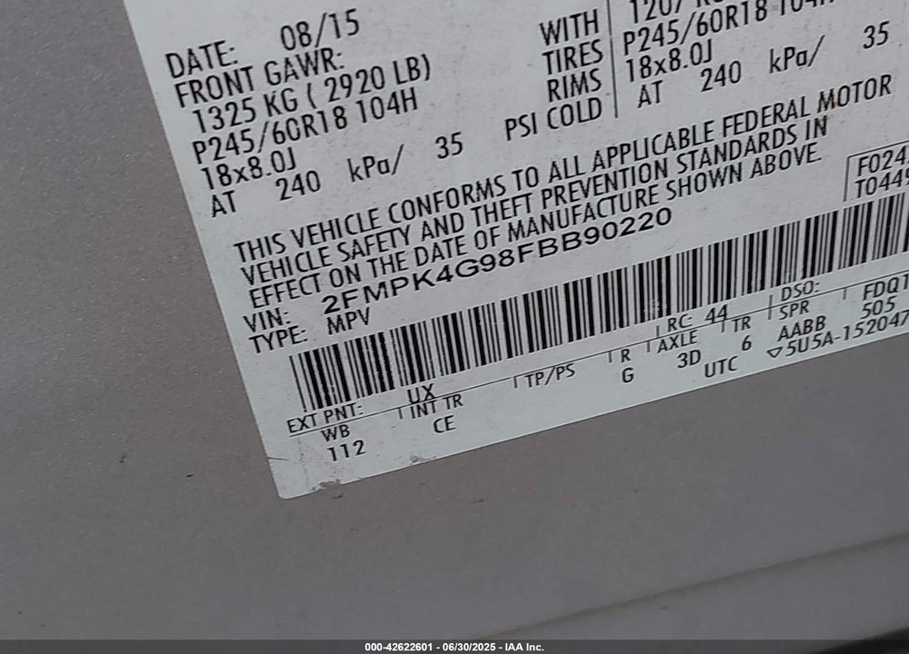 2015 FORD EDGE VIN: 2FMPK4G98FBB90220