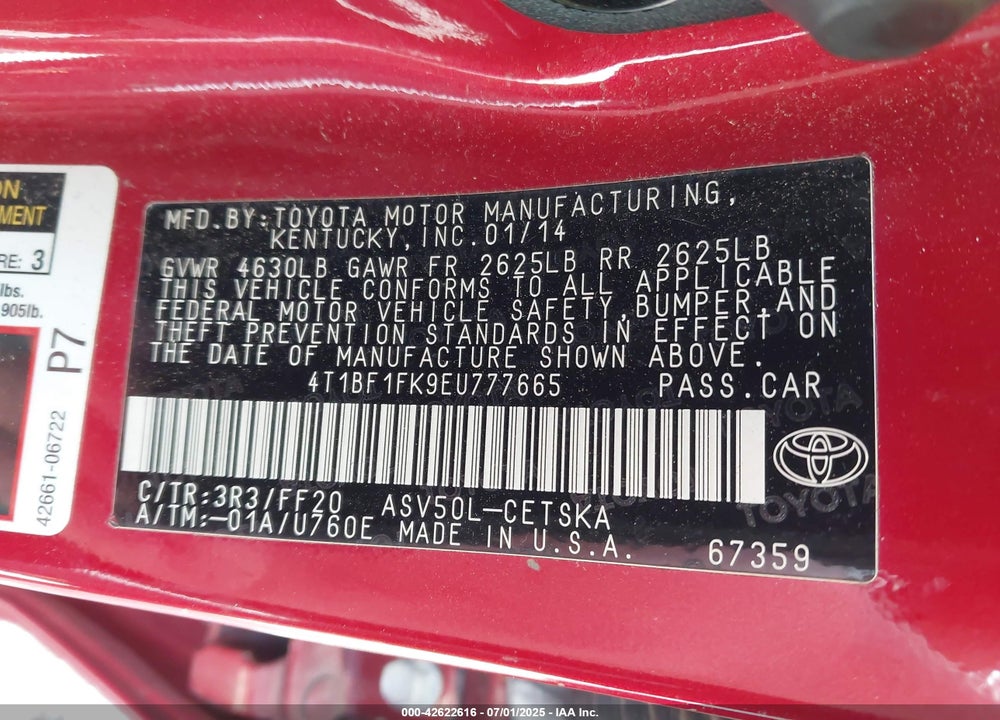 2014 TOYOTA CAMRY VIN: 4T1BF1FK9EU777665
