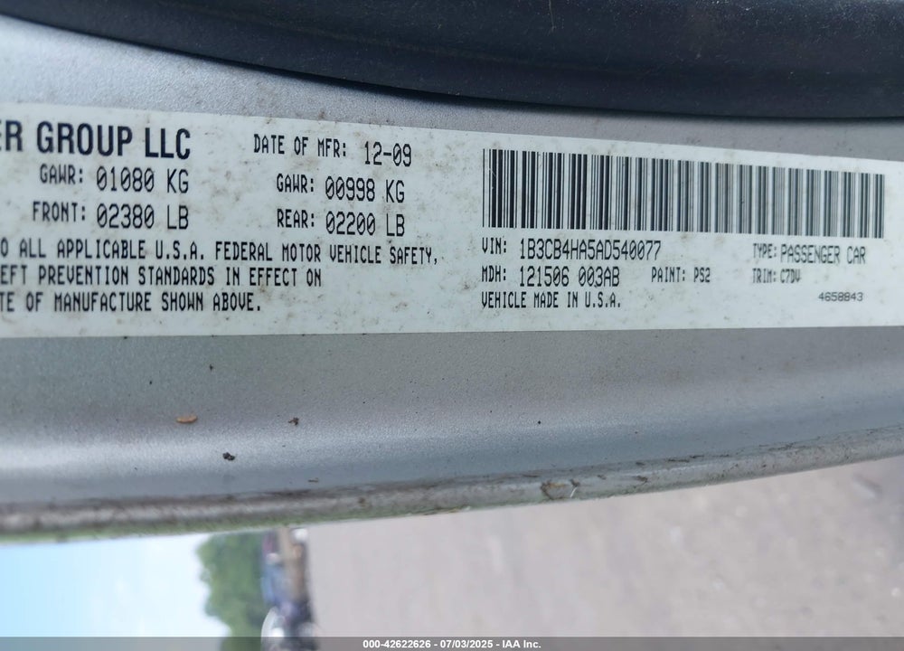 2010 DODGE CALIBER VIN: 1B3CB4HA5AD540077