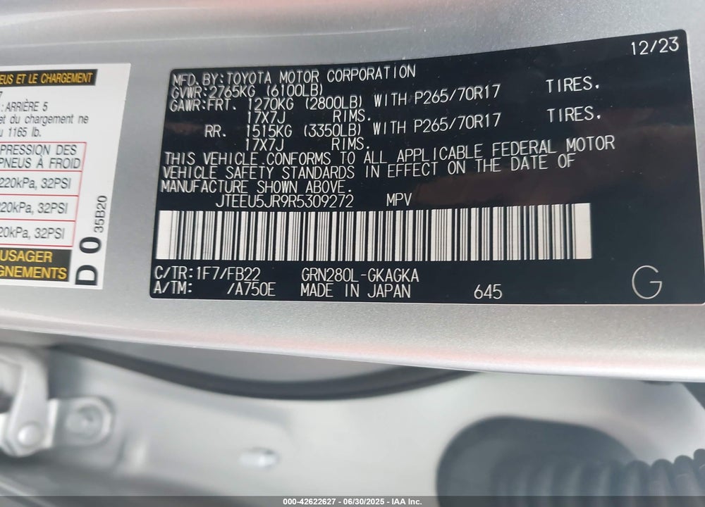 2024 TOYOTA 4RUNNER SR5 VIN: JTEEU5JR9R5309272