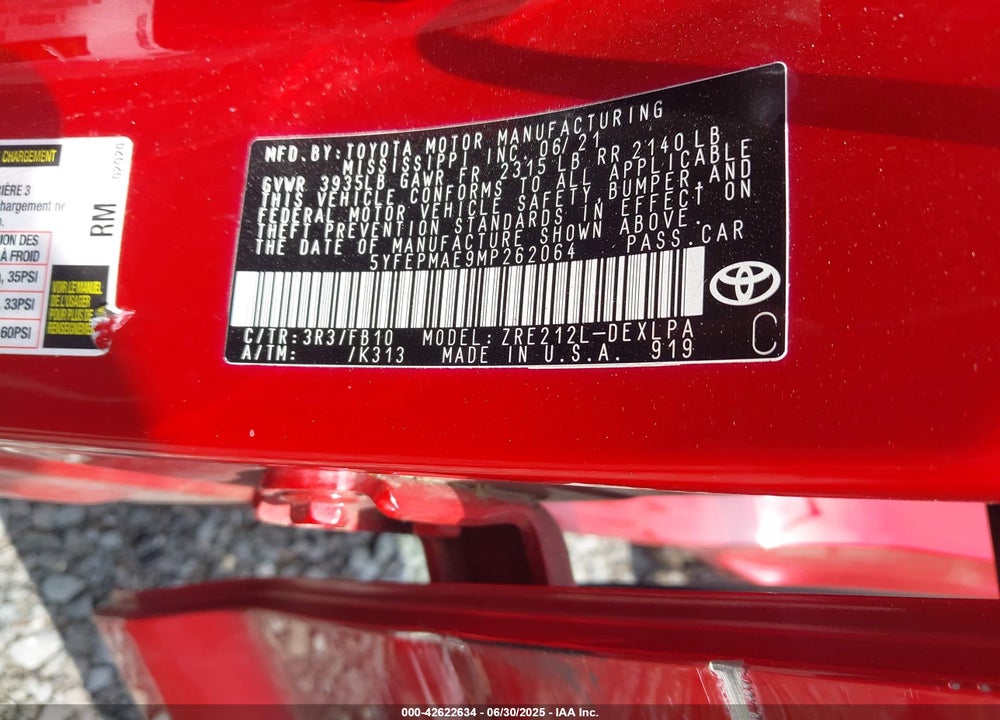 2021 TOYOTA COROLLA VIN: 5YFEPMAE9MP262064