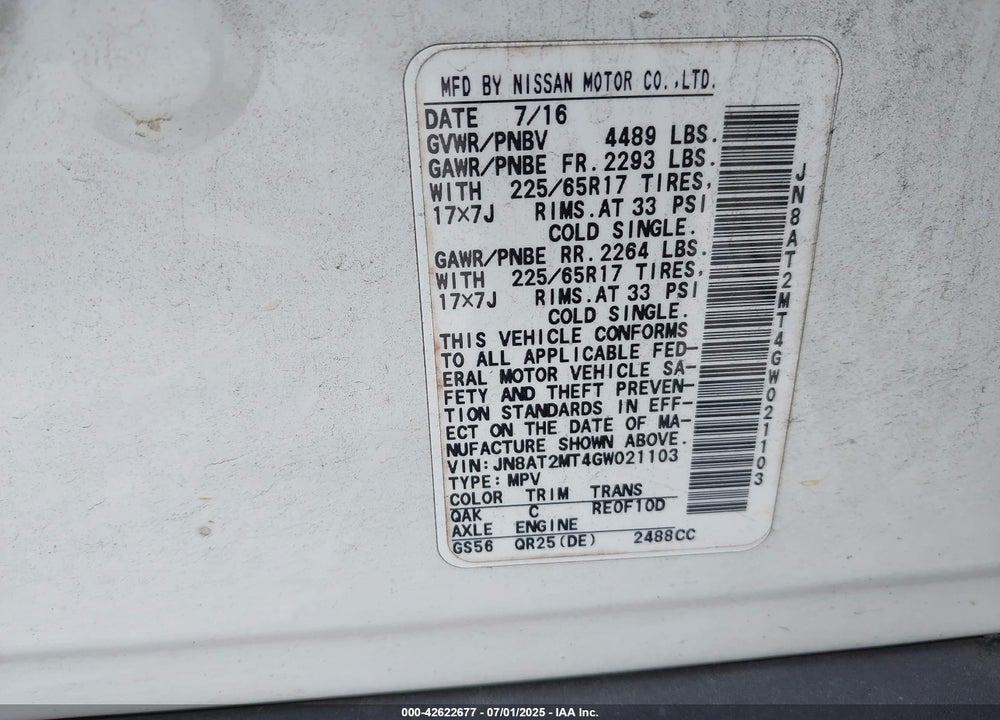 2016 NISSAN ROGUE VIN: JN8AT2MT4GW021103