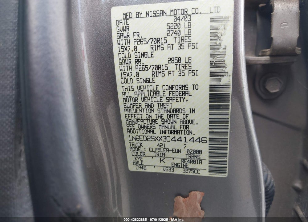 2003 NISSAN FRONTIER XE-V6 VIN: 1N6ED29XX3C441446