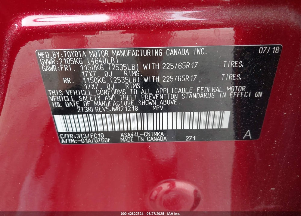 2018 TOYOTA RAV4 VIN: 2T3RFREV5JW821218