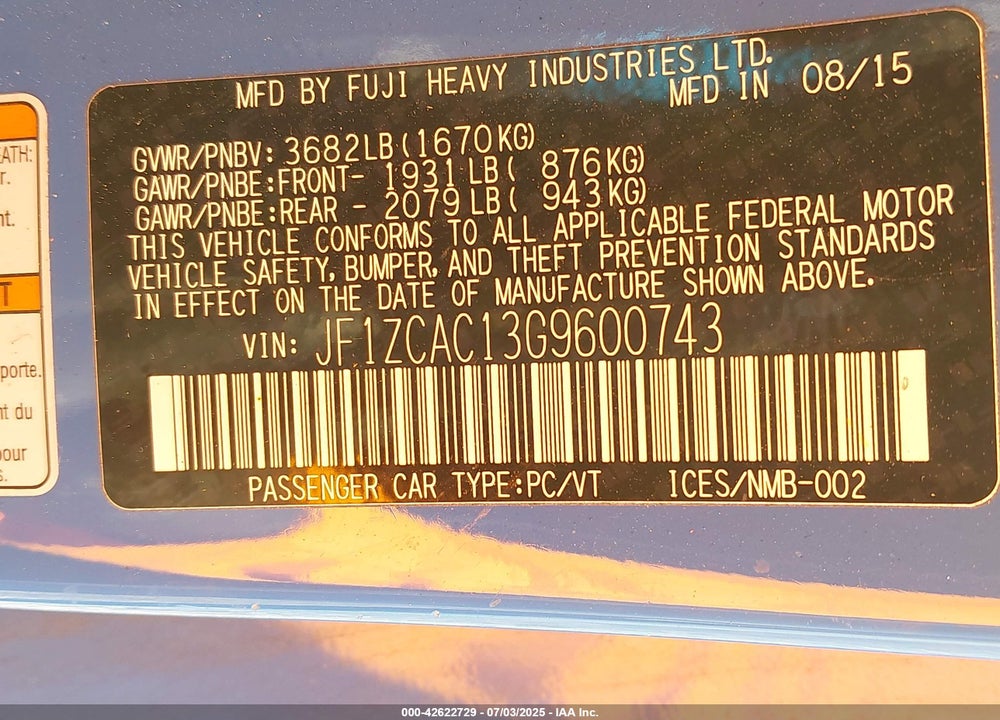2016 SUBARU BRZ VIN: JF1ZCAC13G9600743