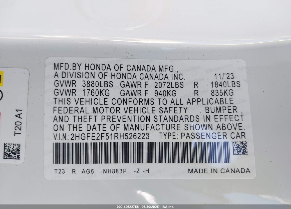 2024 HONDA CIVIC VIN: 2HGFE2F51RH526223