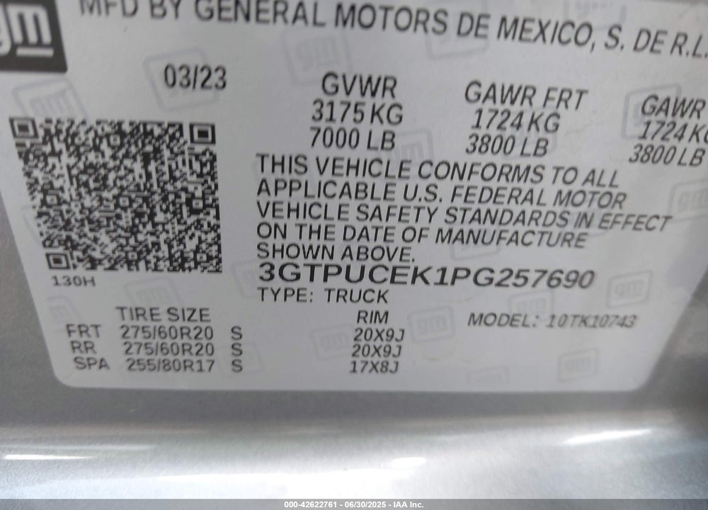 2023 GMC SIERRA 1500 4WD STANDARD BOX ELEVATION VIN: 3GTPUCEK1PG257690