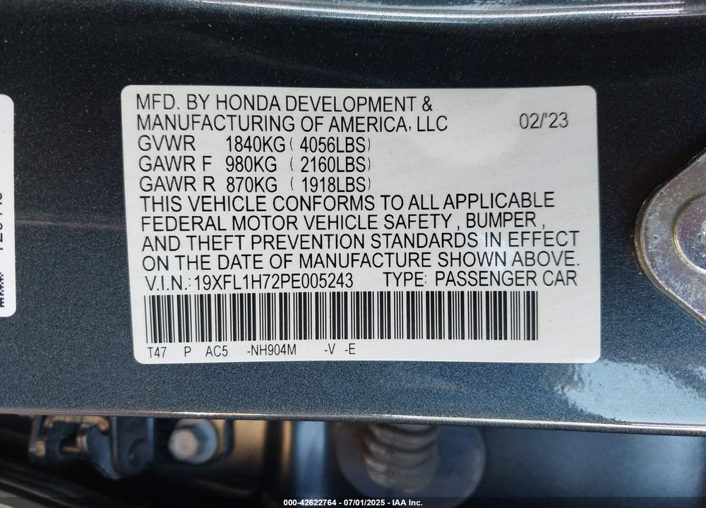 2023 HONDA CIVIC VIN: 19XFL1H72PE005243