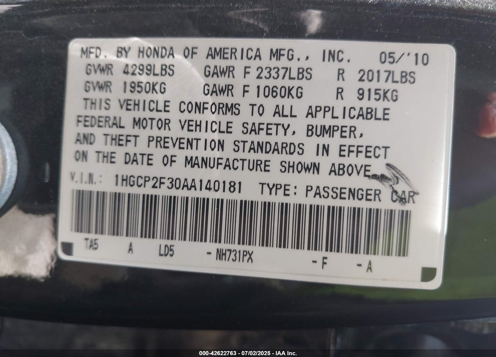 2010 HONDA ACCORD VIN: 1HGCP2F30AA140181