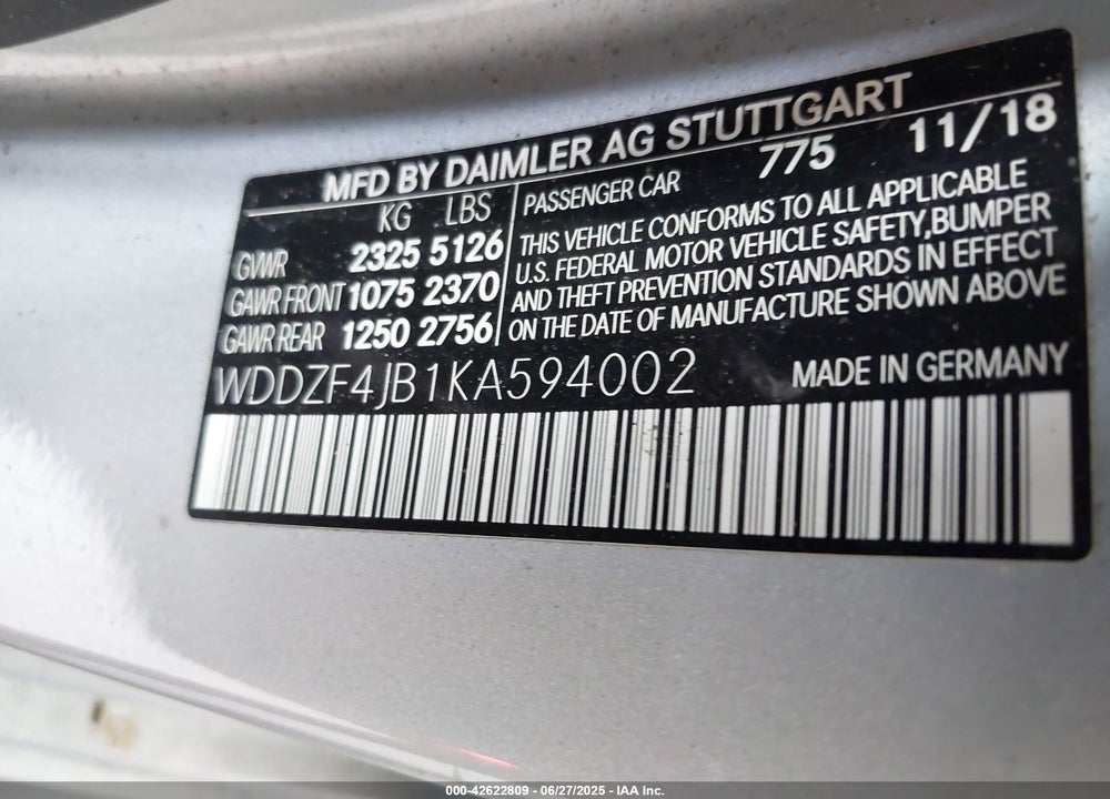 2019 MERCEDES-BENZ E-CLASS VIN: WDDZF4JB1KA594002