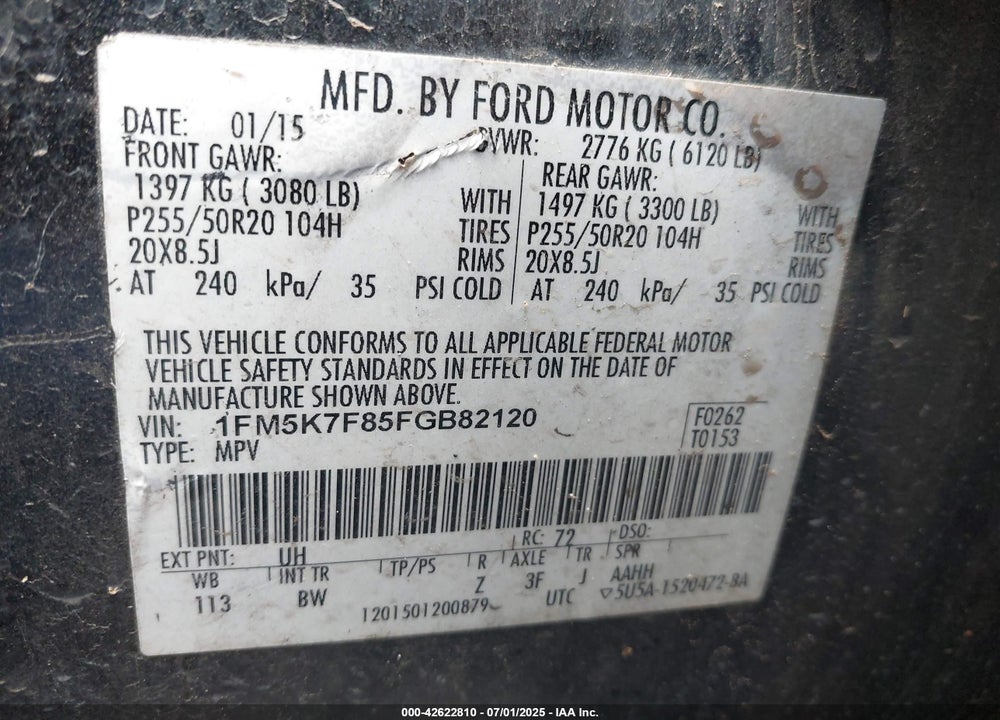 2015 FORD EXPLORER VIN: 1FM5K7F85FGB82120