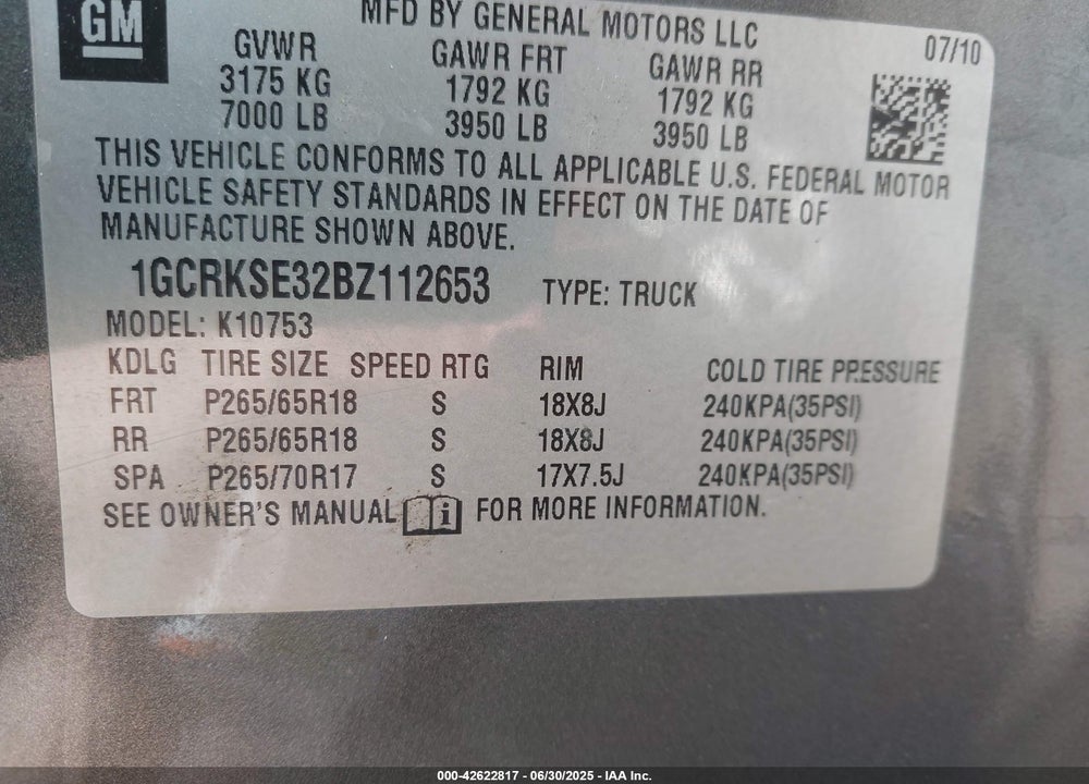 2011 CHEVROLET SILVERADO 1500 VIN: 1GCRKSE32BZ112653