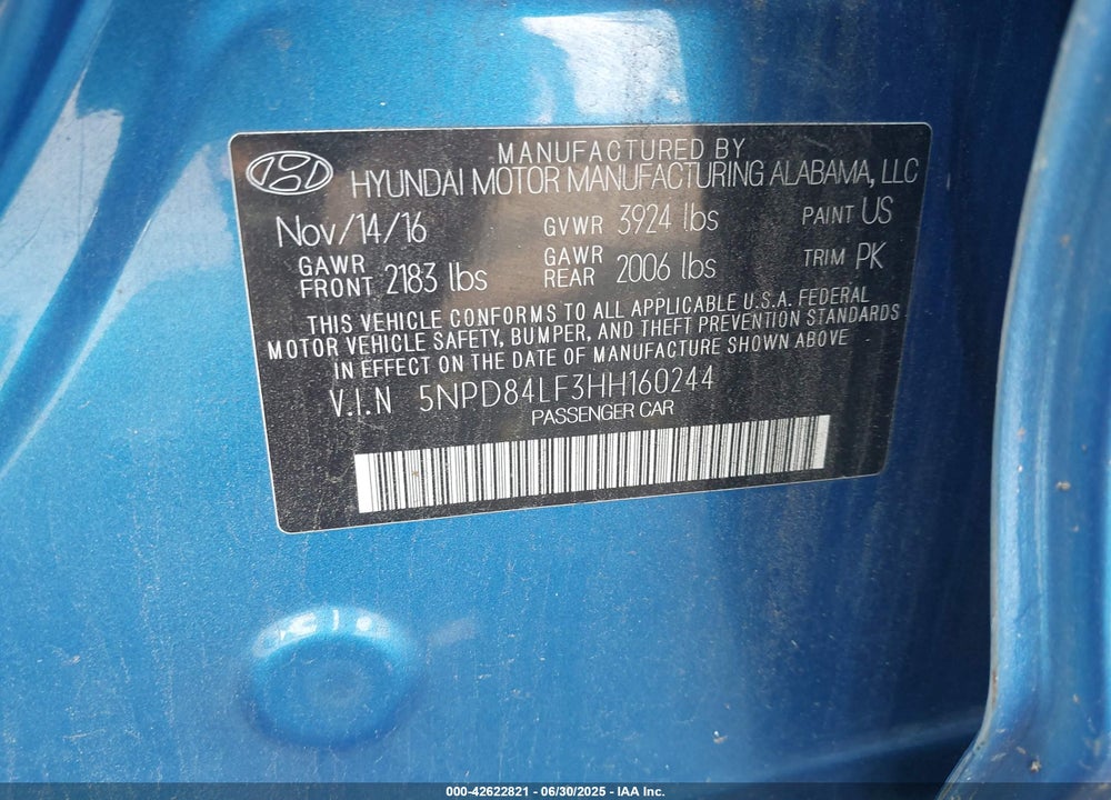 2017 HYUNDAI ELANTRA VIN: 5NPD84LF3HH160244