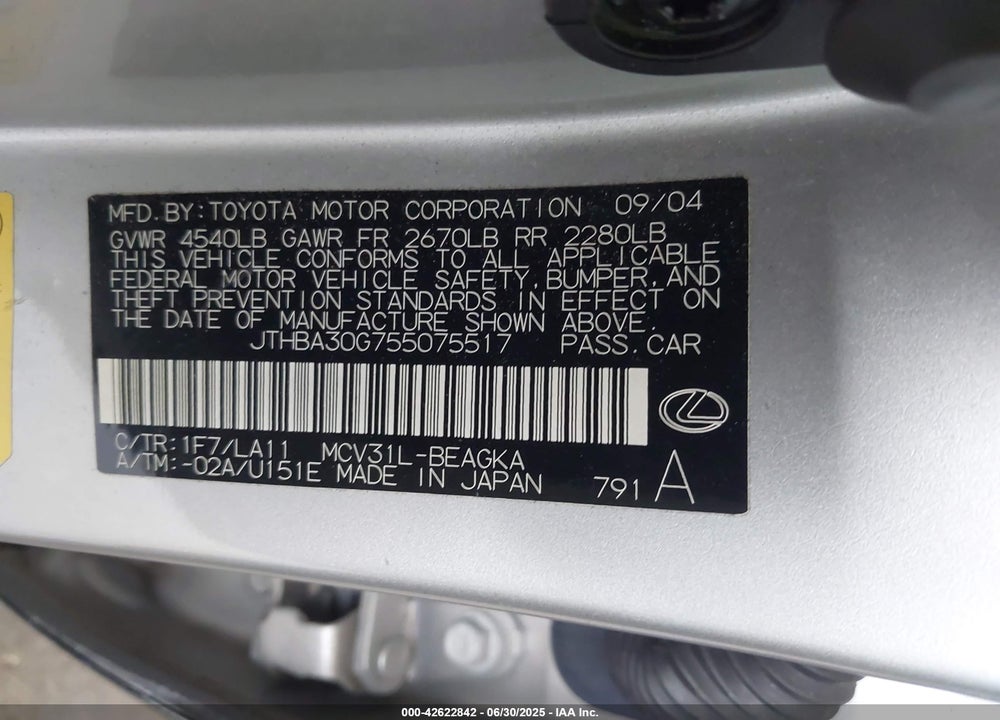 2005 LEXUS ES 330 VIN: JTHBA30G755075517