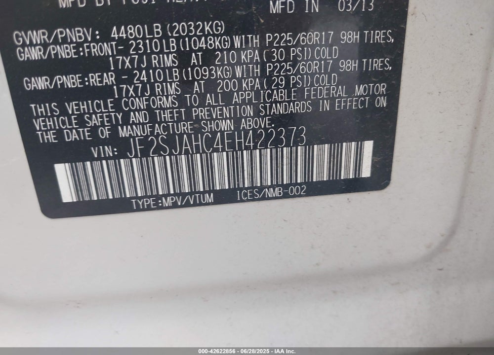 2014 SUBARU FORESTER VIN: JF2SJAHC4EH422373