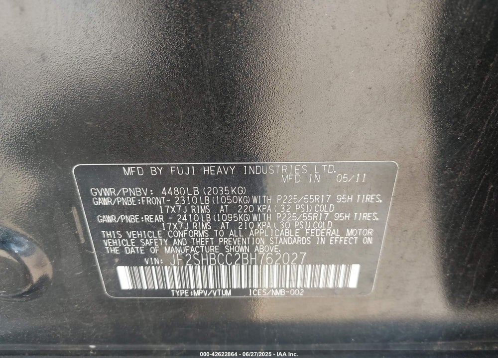 2011 SUBARU FORESTER VIN: JF2SHBCC2BH762027