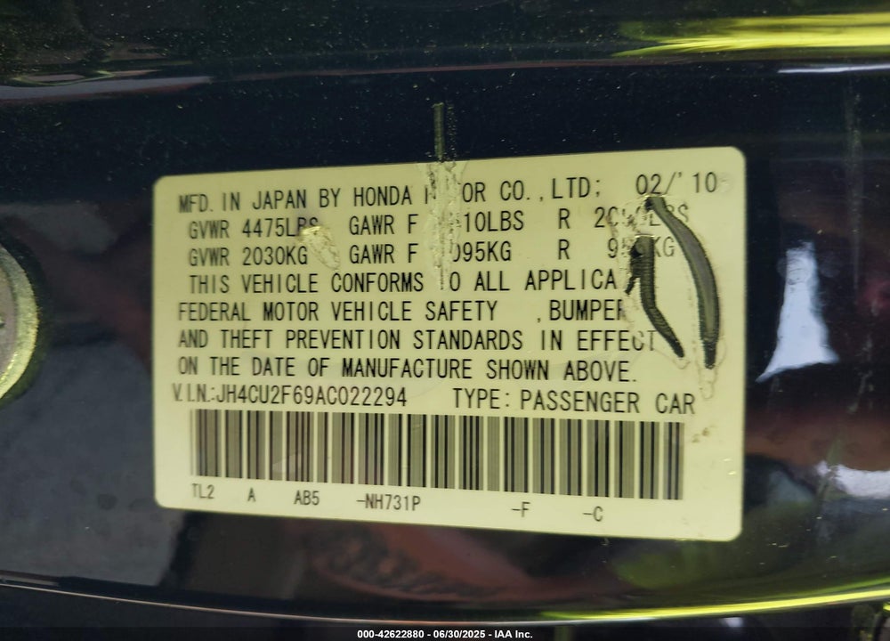 2010 ACURA TSX VIN: JH4CU2F69AC022294