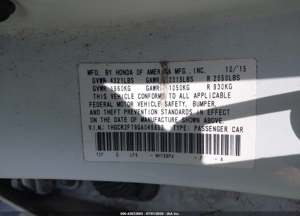 2016 HONDA ACCORD VIN: 1HGCR2F79GA049853