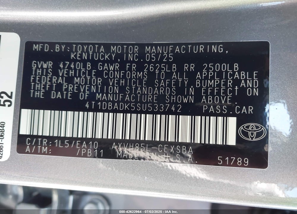2025 TOYOTA CAMRY VIN: 4T1DBADK5SU533742