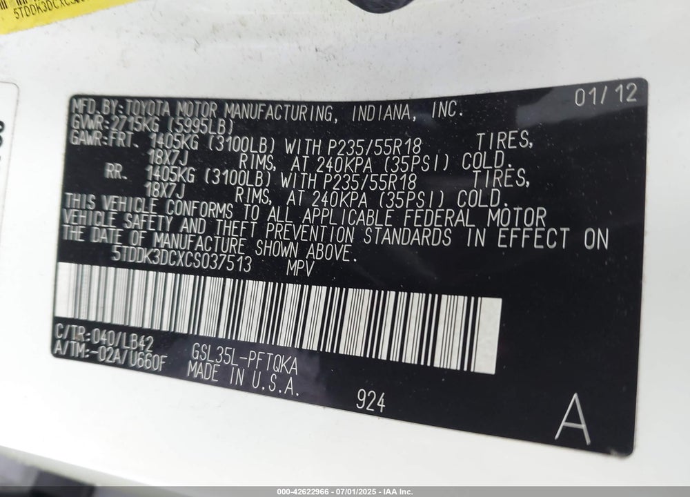 2012 TOYOTA SIENNA XLE 7 PASSENGER VIN: 5TDDK3DCXCS037513