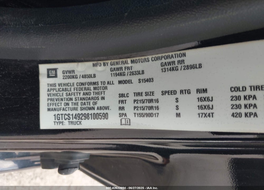 2009 GMC CANYON VIN: 1GTCS149298100590