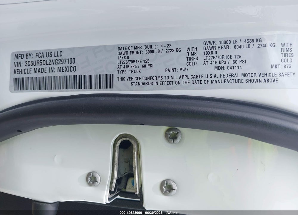 2022 RAM 2500 VIN: 3C6UR5DL2NG297100