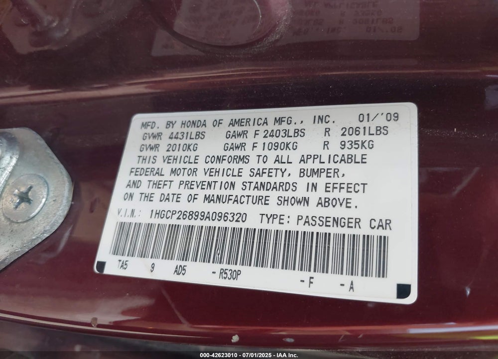 2009 HONDA ACCORD 2.4 EX-L VIN: 1HGCP26899A096320
