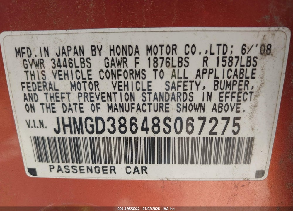 2008 HONDA FIT VIN: JHMGD38648S067275
