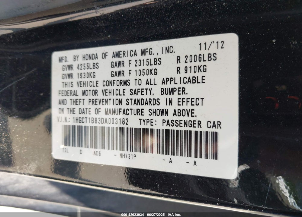 2013 HONDA ACCORD VIN: 1HGCT1B83DA003182