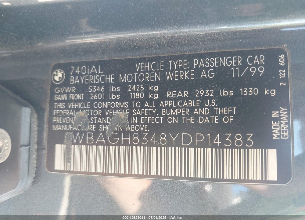 2000 BMW 740IL VIN: WBAGH8348YDP14383