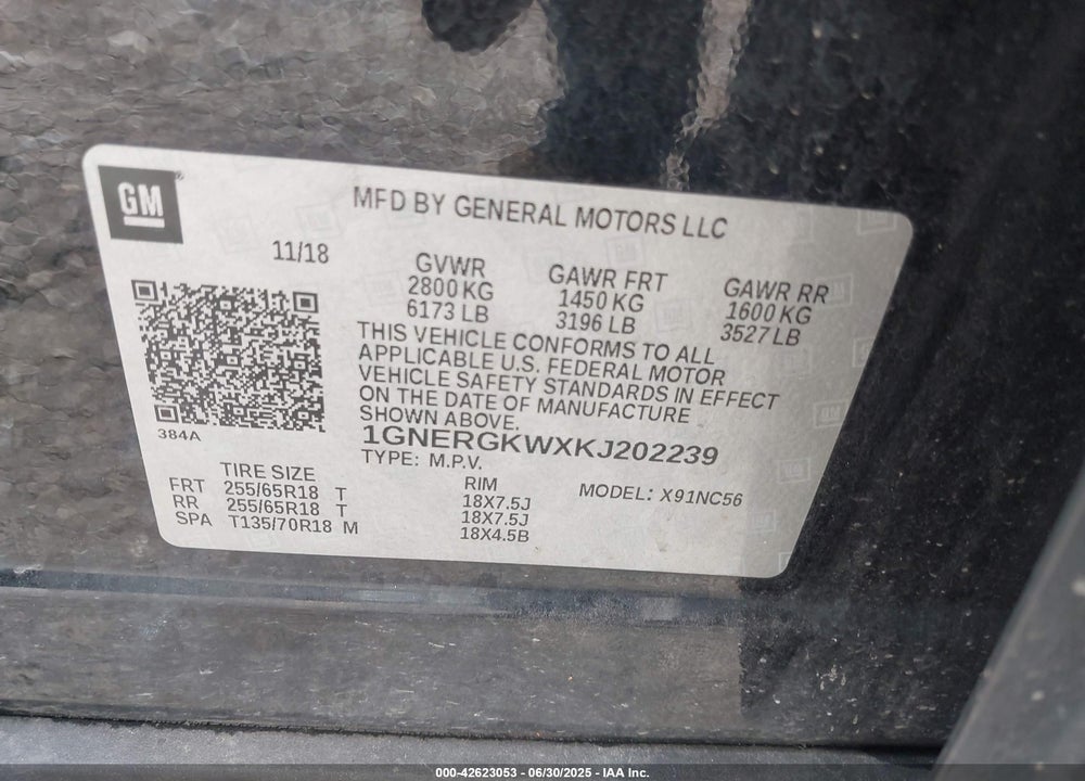2019 CHEVROLET TRAVERSE 1LT VIN: 1GNERGKWXKJ202239