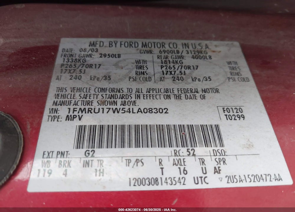 2004 FORD EXPEDITION EDDIE BAUER VIN: 1FMRU17W54LA08302