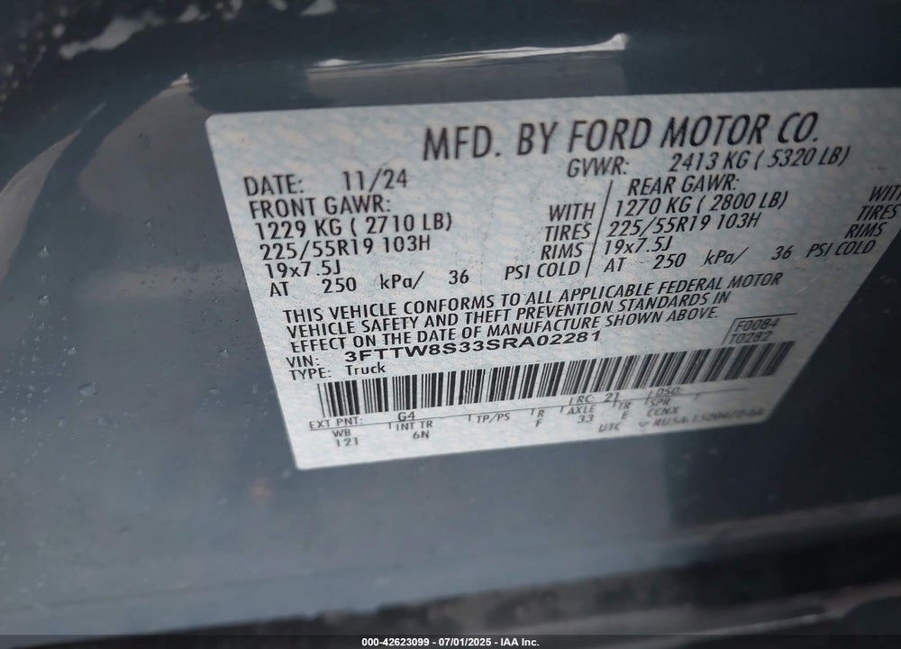 2025 FORD MAVERICK LARIAT VIN: 3FTTW8S33SRA02281