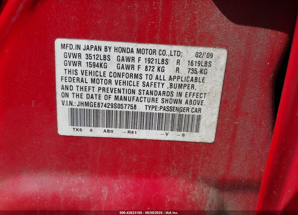 2009 HONDA FIT SPORT VIN: JHMGE87429S057758