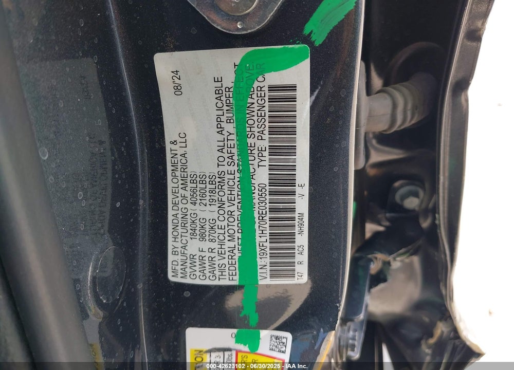 2024 HONDA CIVIC VIN: 19XFL1H70RE030550