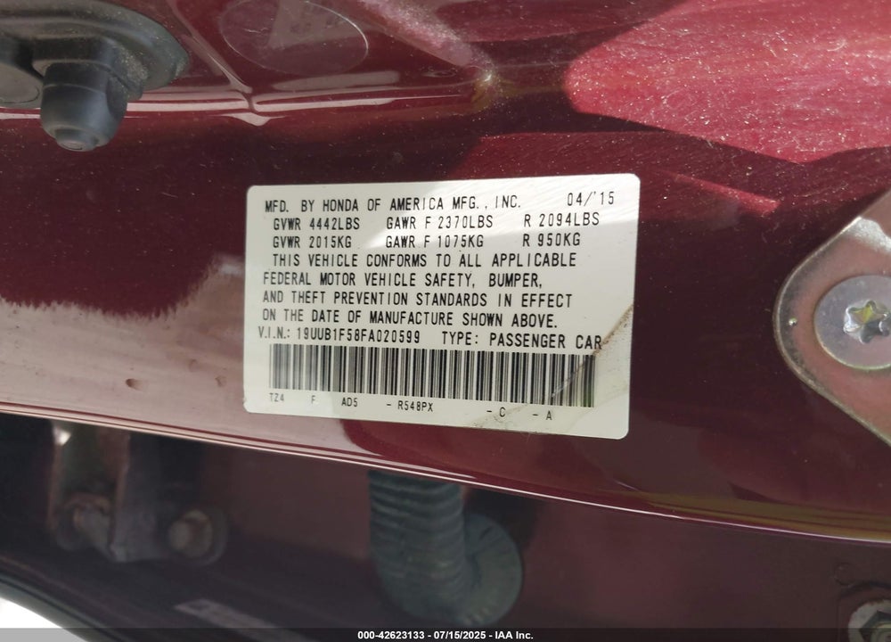 2015 ACURA TLX VIN: 19UUB1F58FA020599