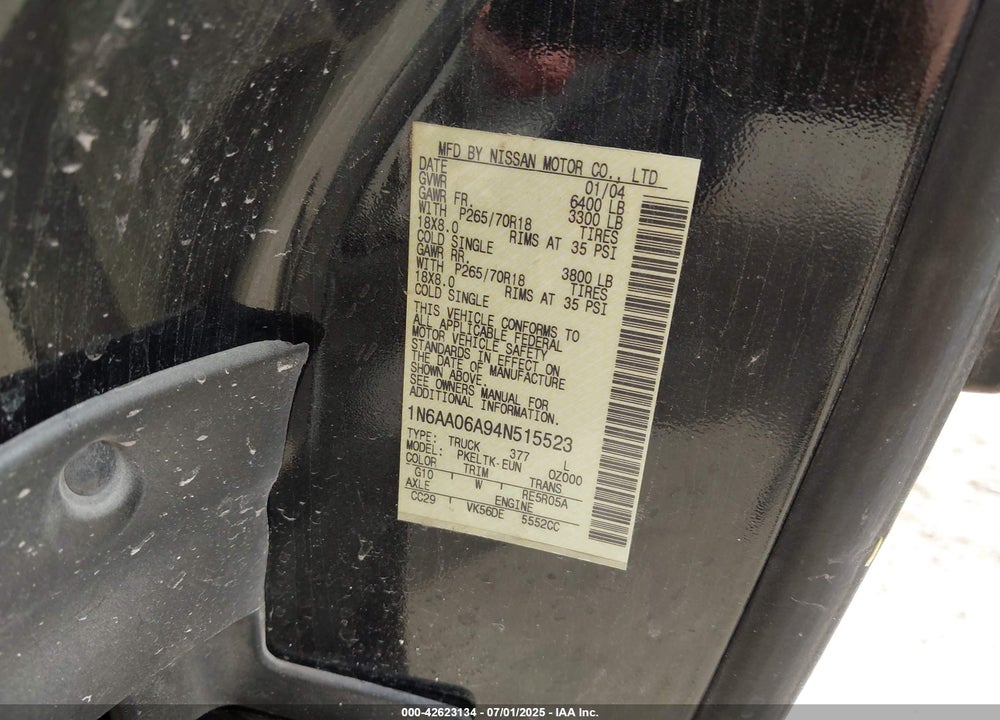 2004 NISSAN TITAN SE VIN: 1N6AA06A94N515523