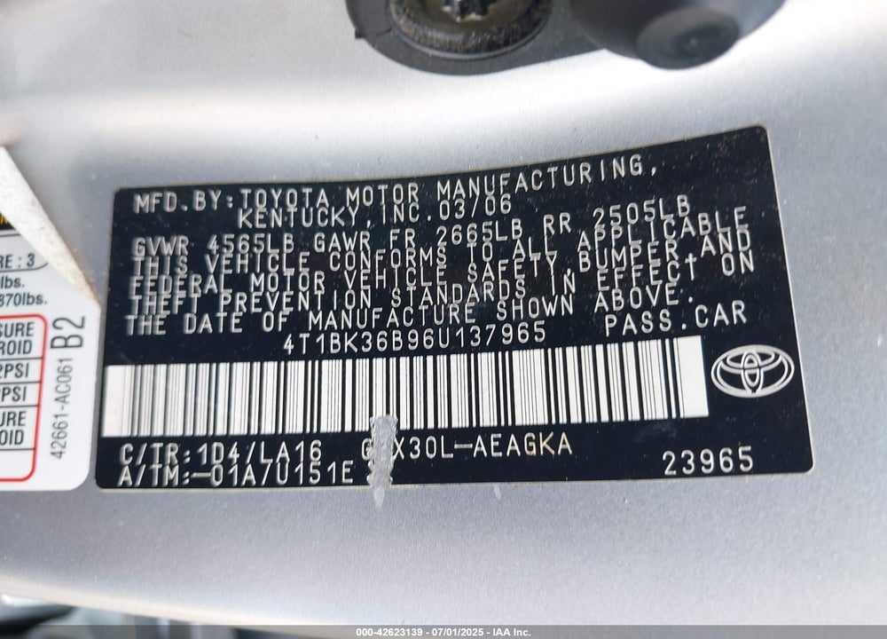 2006 TOYOTA AVALON XLS VIN: 4T1BK36B96U137965