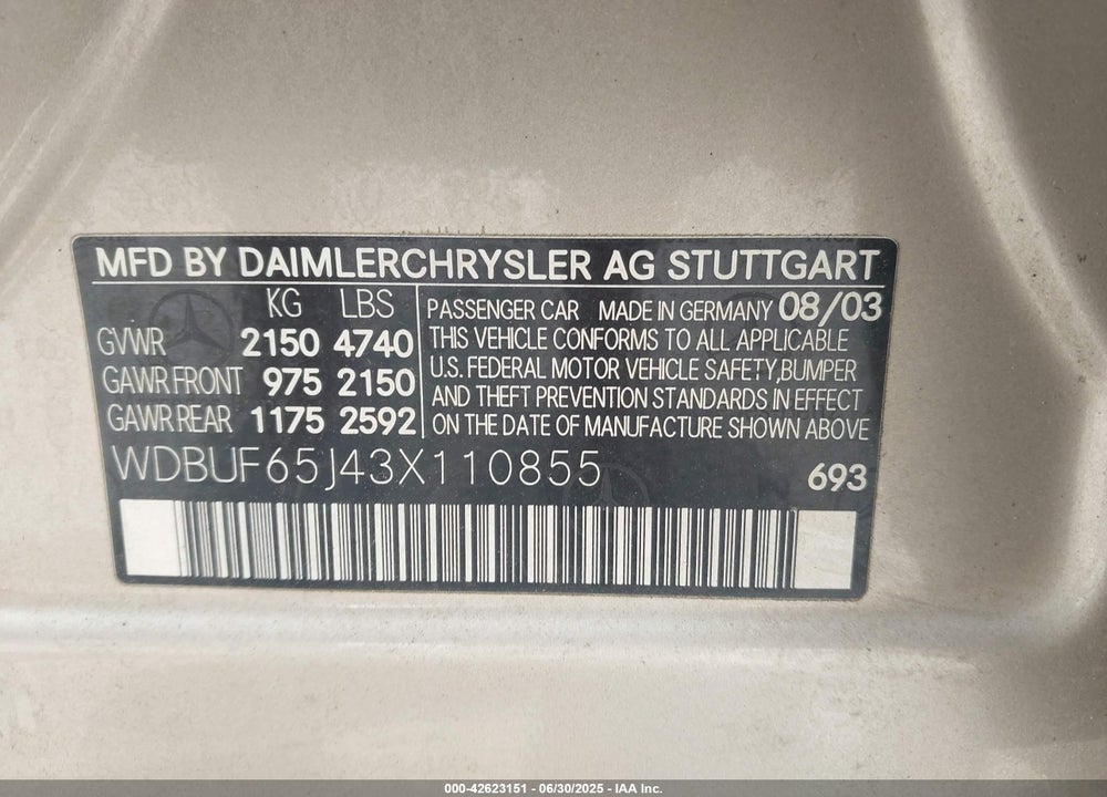 2003 MERCEDES-BENZ E 320 VIN: WDBUF65J43X110855