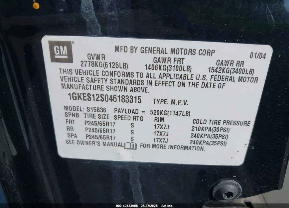 2004 GMC ENVOY XUV SLE VIN: 1GKES12S046183315