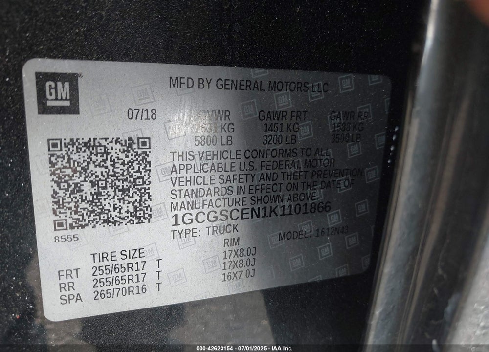 2019 CHEVROLET COLORADO VIN: 1GCGSCEN1K1101866