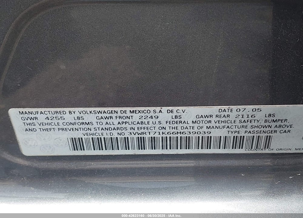 2006 VOLKSWAGEN JETTA VIN: 3VWRT71K66M639039