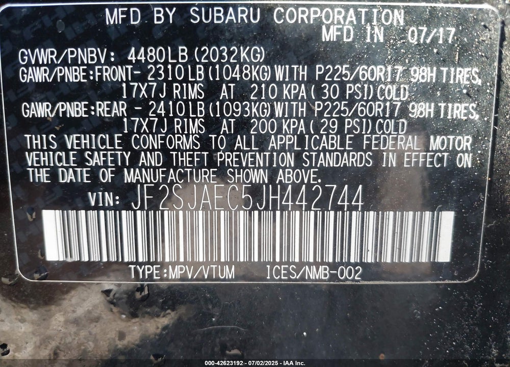 2018 SUBARU FORESTER VIN: JF2SJAEC5JH442744