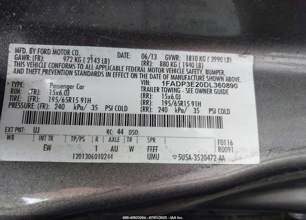 2013 FORD FOCUS S VIN: 1FADP3E20DL360890
