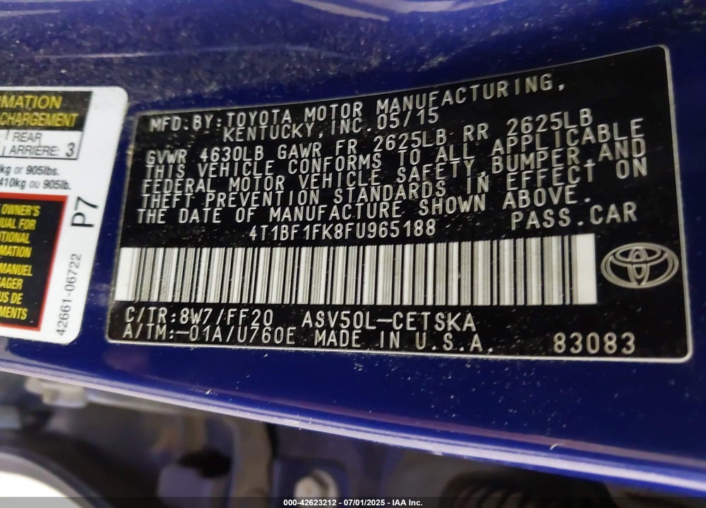 2015 TOYOTA CAMRY VIN: 4T1BF1FK8FU965188