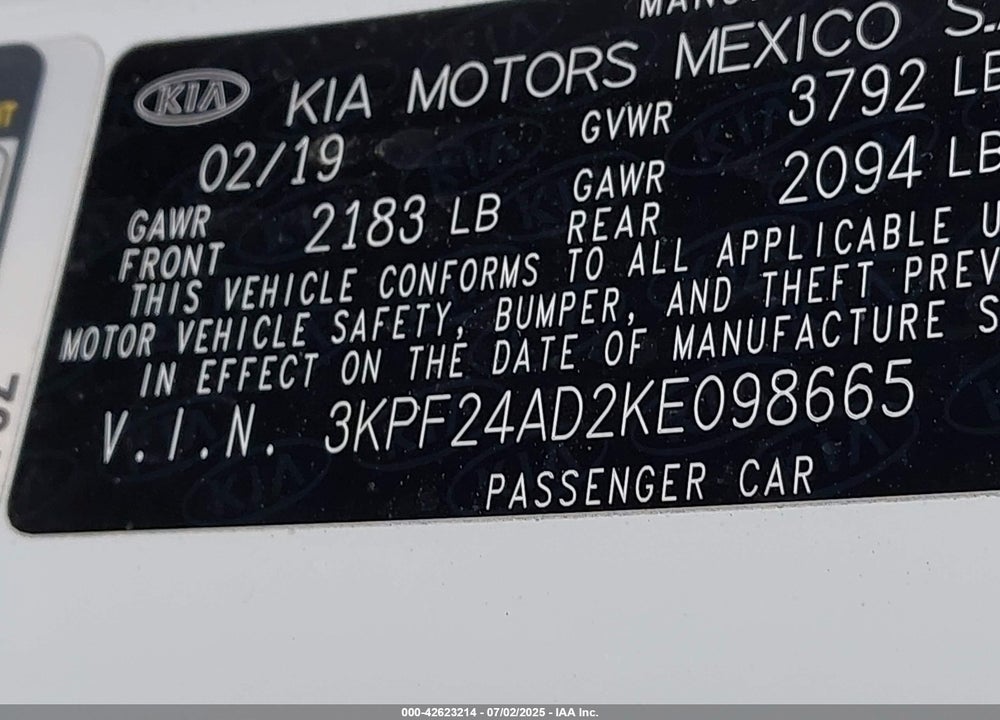 2019 KIA FORTE LXS VIN: 3KPF24AD2KE098665